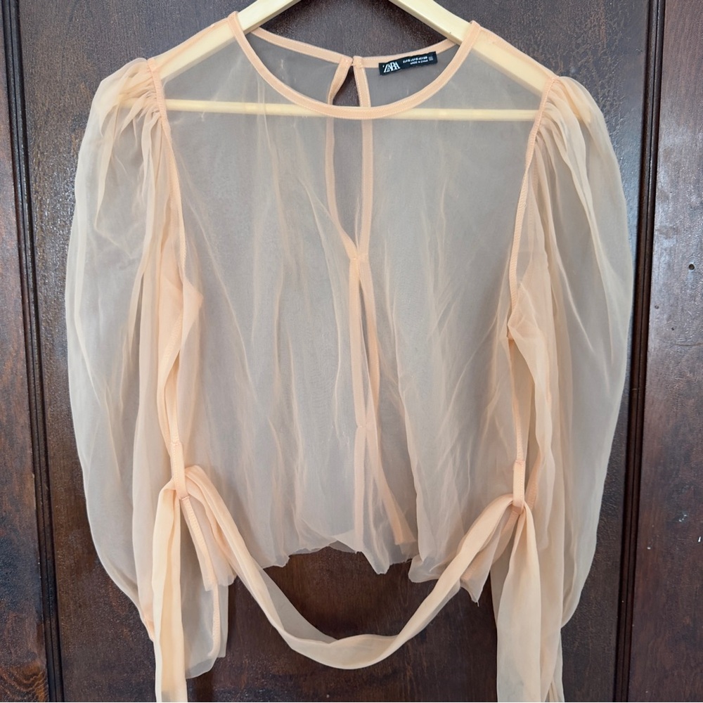 Zara Peach Long Sleeve Mesh Shirt, Small, Sheer Coquette girl tulle fairy whimsy